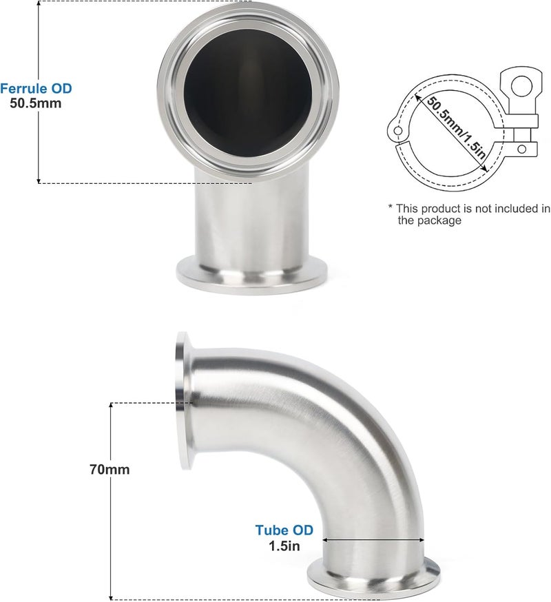 JMCOLMT Elbow 1.5" Tri Clamp Elbow 90 Degree Pipe Fitting 38mm Pipe OD Sanitary Fitting Stainless Steel 304 - Image 5
